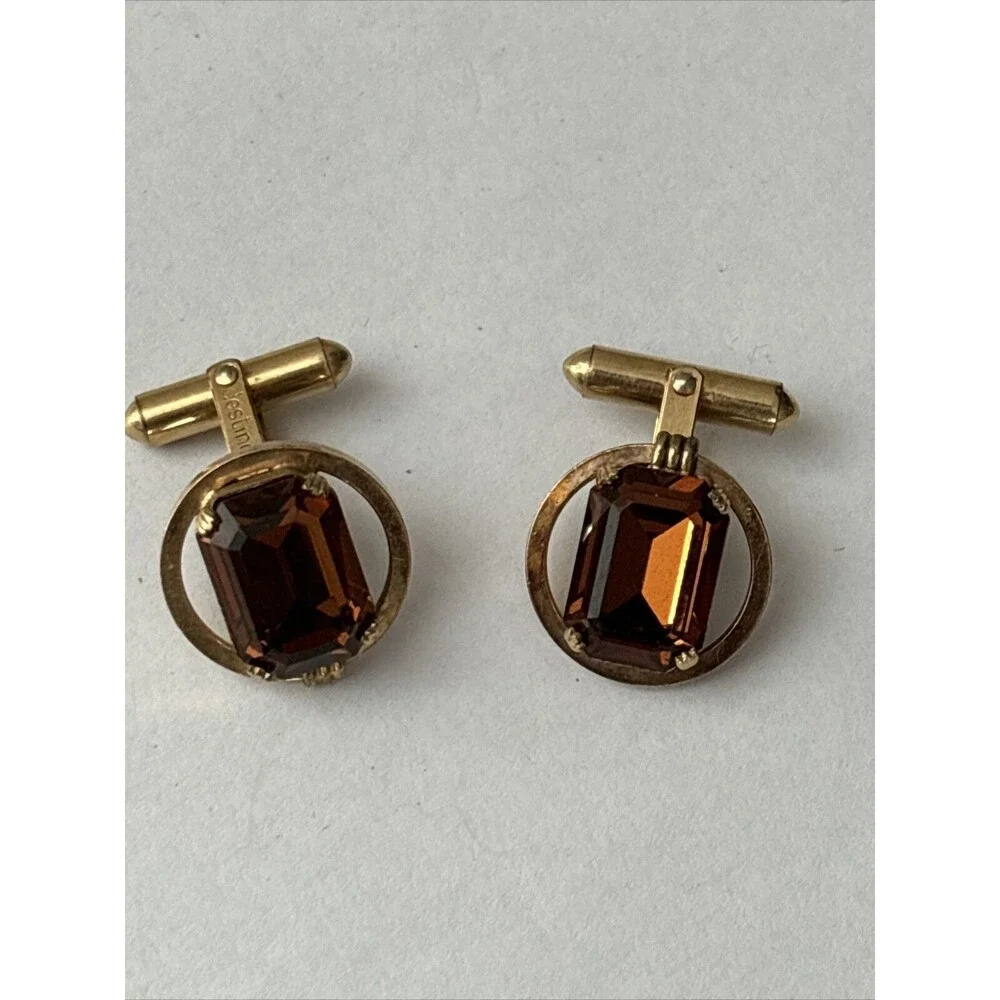 Rare Vintage Destino Amber Glass Cufflinks 12k Gold Filled